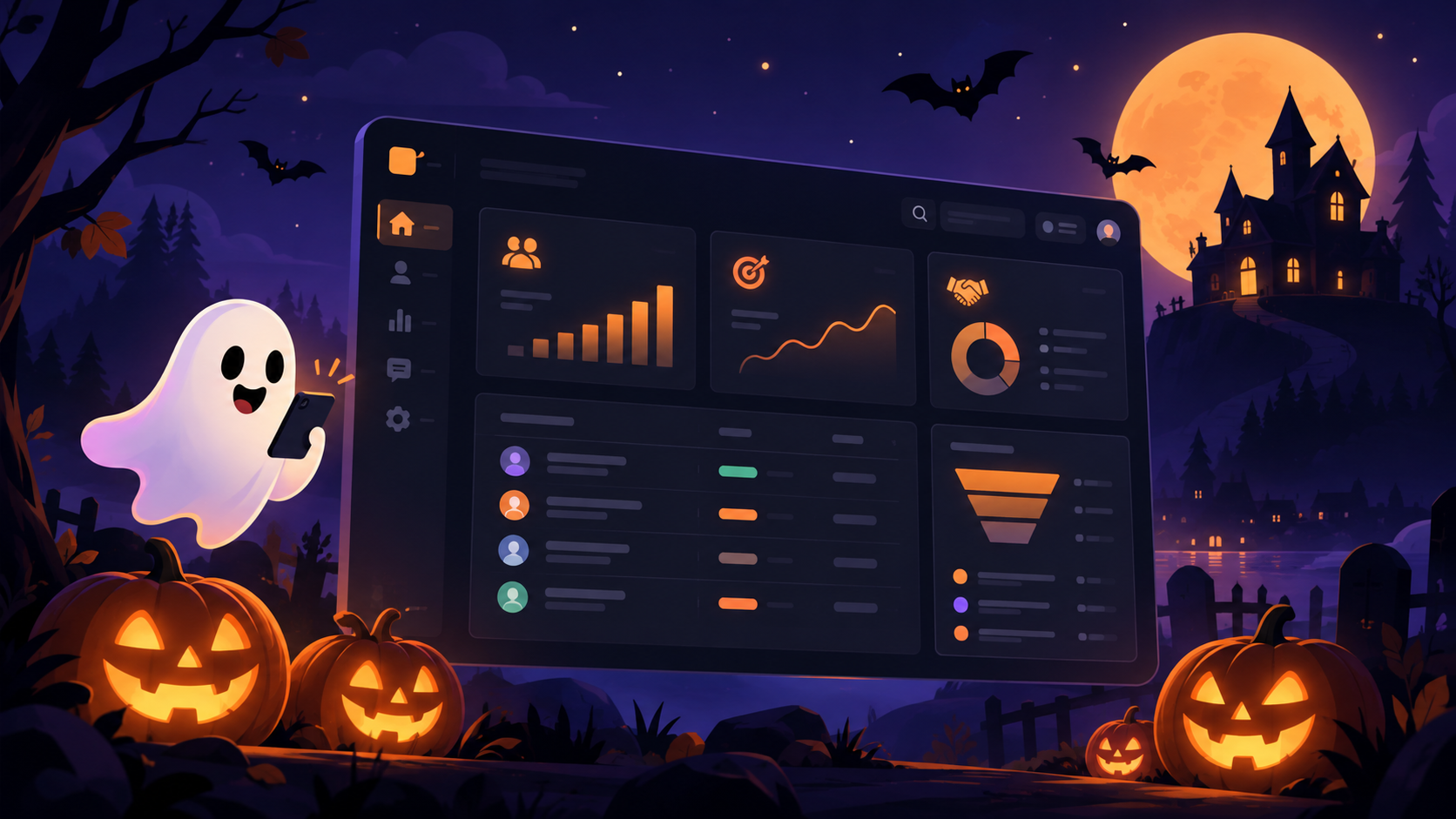 ALL IN ONE CRM dashboard on a Halloween night with pumpkins and a friendly ghost